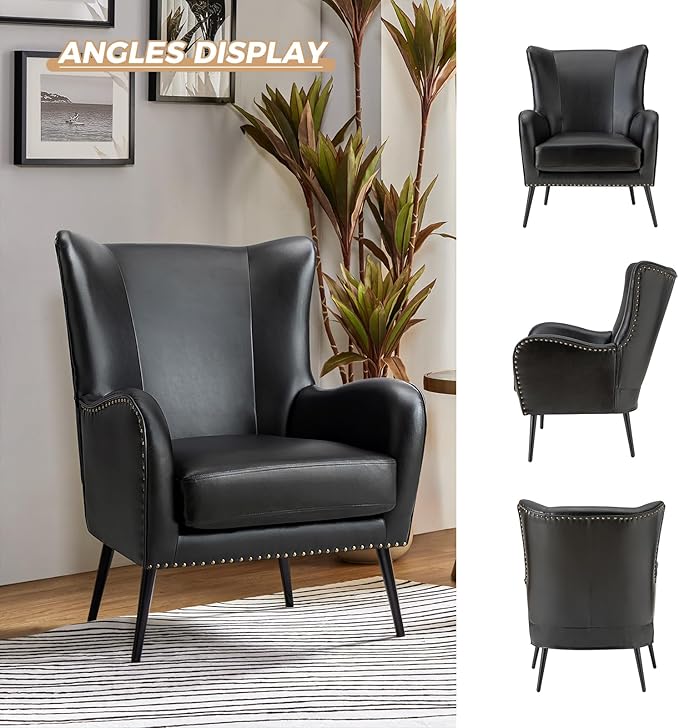 HULALA Home Faux Leather Accent Chair Set of 2 w/Removable Cushion, Comfy Upholstered Armchair with Metal Legs & Nailhead Trim Wingback Vanity Chair Desk Chair for Reading Living Room Bedroom, Black
