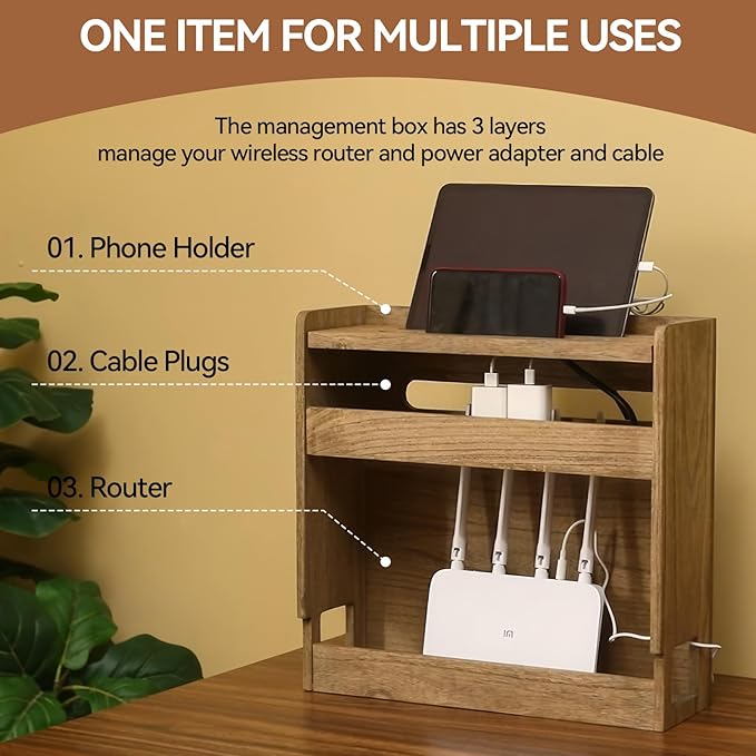 KIRIGEN WiFi Router Storage Box, Wooden Wireless Router Organizer Rack Shelf Power Cord Socket Storage Shelf Cable Management and Organizing Box for Office and Home Dark Brown LYQ-DBR