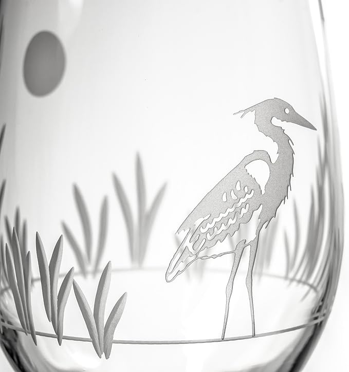 Rolf Glass Heron White Wine Glass | 12oz Stemmed Wine Glass | Lead-Free and Diamond-Wheel Etched | Proudly Made in the USA | Coastal Glassware | Set of 2