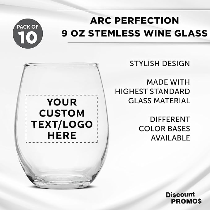 Custom Stemless Wine Glass 9 oz. Set of 10, Personalized Bulk Pack - Great for Wedding Favors, Bachelorette Party Decorations, Party Favors, Color Bottom - Clear