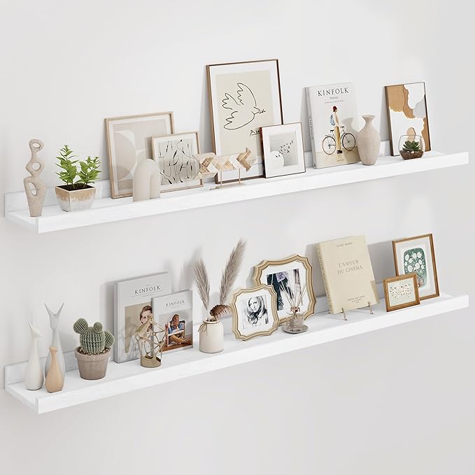 Floating Picture Ledge Shelves 55 Inch Solid Oak Wood Set of 2, Rustic Wall Storage Shelves with Lip, Kids Bookshelf, Photo & Picture Ledge Shelves for Bedroom, Living Room, Kitchen