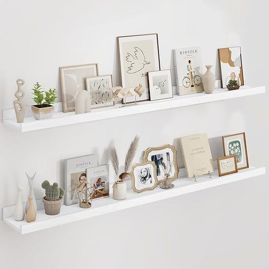 Floating Picture Ledge Shelves 55 Inch Solid Oak Wood Set of 2, Rustic Wall Storage Shelves with Lip, Kids Bookshelf, Photo & Picture Ledge Shelves for Bedroom, Living Room, Kitchen