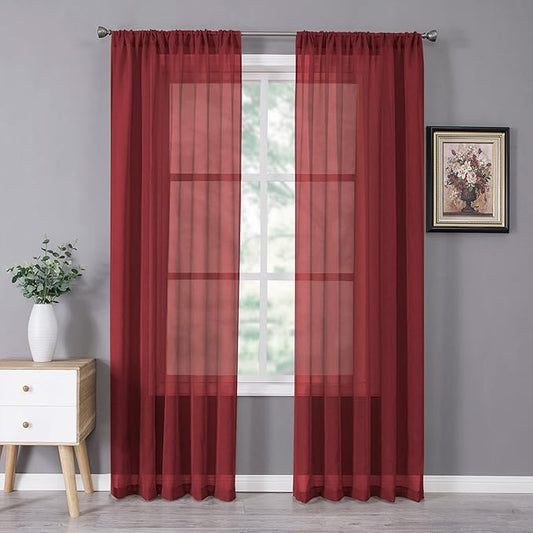 Tollpiz Sheer Curtains Linen Textured Bedroom Curtain Sheers Light Filtering Rod Pocket Voile Curtains for Living Room, 54 x 84 inches Long, Burgundy Red, Set of 2 Panels