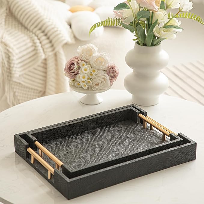 2 Piece Woven Leather Ottoman Tray with Gold Handles, Perfect Rectangular Serving Tray for Living Room, Coffee Table Tray as Thoughtful Gift for Home Decor Enthusiasts (Black)