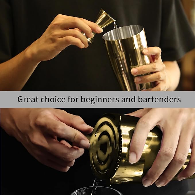Boston Cocktail Shaker Bar Set, Weighted Boston Shaker Tins, Bartender Kit with 18oz & 28oz Mixed Drink Shaker, Hawthorne Strainer, Double Measuring Jigger - Gold