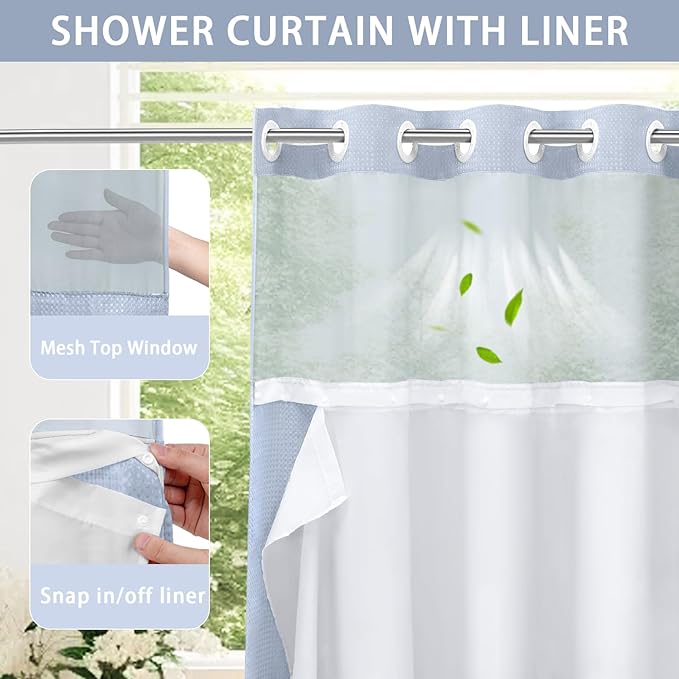 YellyHommy No Hook Shower Curtain with Snap in Liner Set Less Time Waffle Shower Curtain for Bathroom 75" L x 72" W Mist Blue