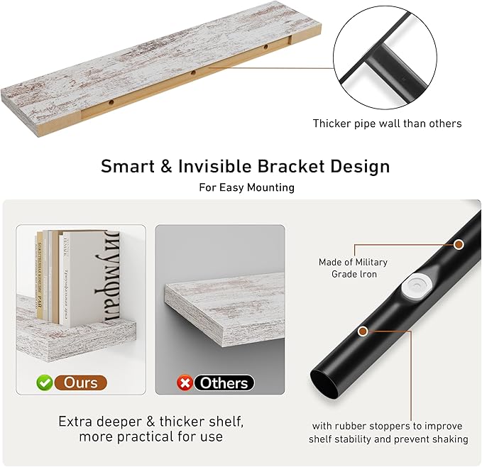 Fun Memories Deep Floating Shelves - 48" W x 9.3" D x 1.6" H Rustic Grey Wall Shelf - Wall Mounted Shelves for Storage - Wooden Shelves with Invisible Brackets for Living Room, Farmhouse - Set of 1