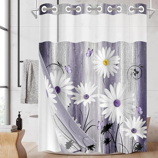 No Hook Flower Daisy Shower Curtain with Snap in Fabric Liner Set, Purple Wooden Boards Double Layers Waterproof Fabric with See Through Top Window Open Grommet Bath Curtain 71x74 Inch