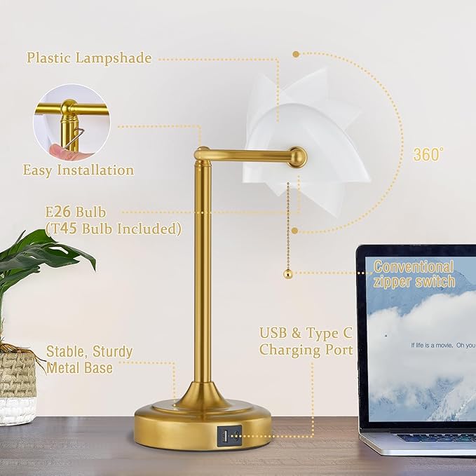 Vintage Desk Lamp Bankers Lamp - Retro Table Lamp with USB & Type C Charging Ports Traditional Pull Chain Switch Library Lamp for Home Office Nightstand Bedroom Side Table Lamp(T45 Bulb Included)
