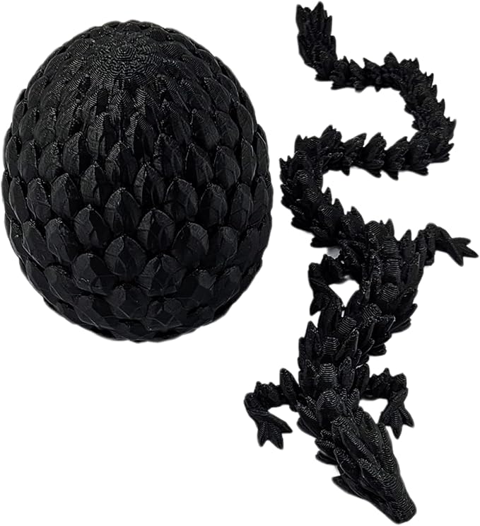3D Printed Dragon Egg Articulating Gemstone Dragon Fidget Figurine - Vibrant Color Dragons Flexible ADHD, Autism and Anxiety Relief - Articulated Joints (Black)
