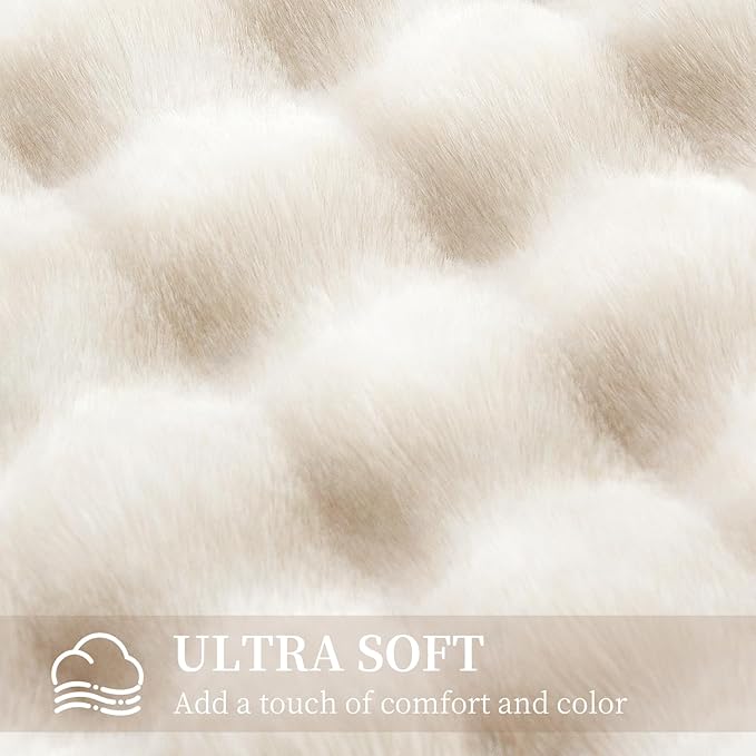 Faux Rabbit Fur Throw Blanket for Couch, Fluffy Warm Plush Thick Bubble Blanket for Bed Sofa Living Room, Soft Cozy Furry Blanket Home Decor, 50x60 inches, Cream White