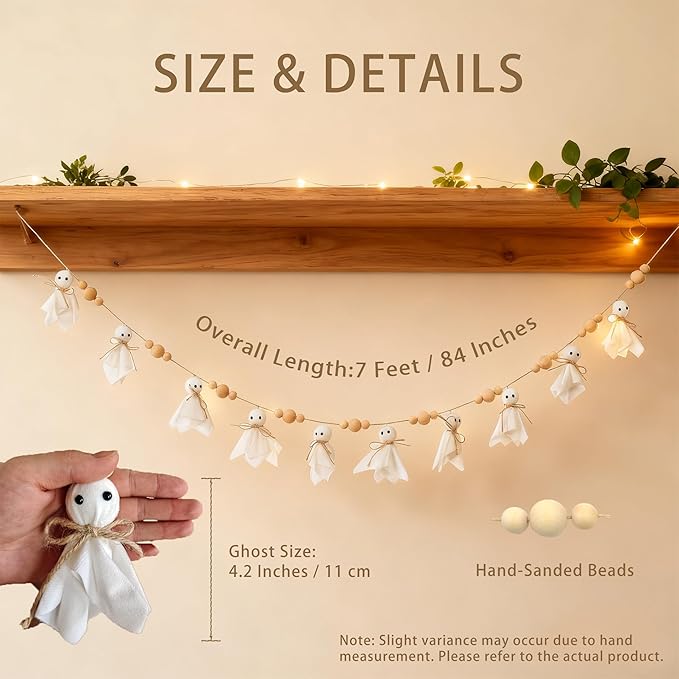 7Ft Halloween Decor Ghost Garland with Wooden Beads - Adjustable Hanging Cute Vintage Banner for Indoor Outdoor Wall Home Fireplace Mantel Spooky Party Decorations