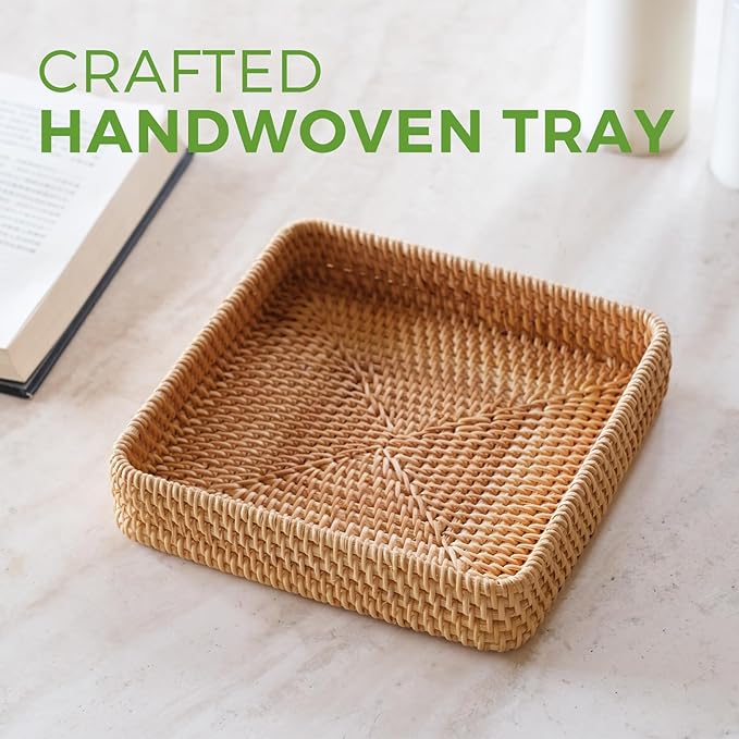 Rattan Serving Tray, Square Woven Storage Basket, Wicker Baskets for Organizing, Natural Wicker Decorative Serving Baskets for Organizing Tabletop Bathroom Kitchen Counter Square