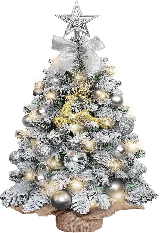 Mini Flocked Christmas Tree with Lights, 2ft Small Tabletop Tree with 24pcs DIY Decorations, LED Lights for Indoor Holiday Decor