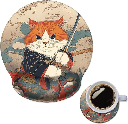 Mouse Pad with Wrist Support, Ergonomic Mouse Pad with Memory Foam Wrist Rest Cushion, Non-Slip Rubber Base Gaming Mice Pad for Home Office Computer Laptop,Japanese Cat