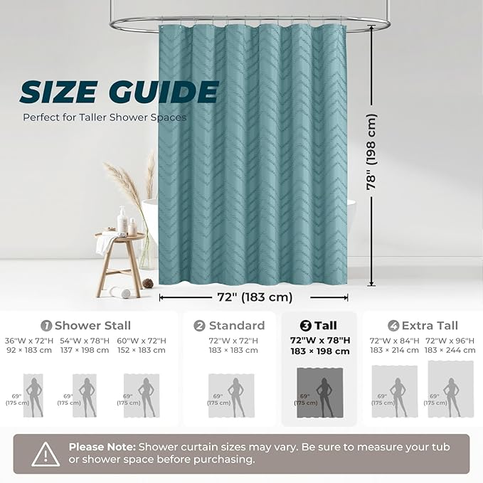 78inches Long Teal Shower Curtain Boho Farmhouse Shower Curtain 72 x 78 Tufted Chevron Textured Minimalist Shower Curtains for Bathroom