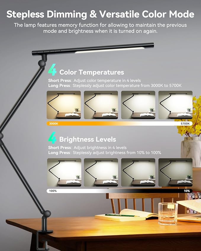 LED Desk Lamp with Clamp, 18W Architect Desk Lamp with Dual Light, Flexible 3 Sections Swing Arm, with RGB Light, with Remote, with Sensor Switch, Stepless Dimming, 4 Color Mode & 5 Brightness