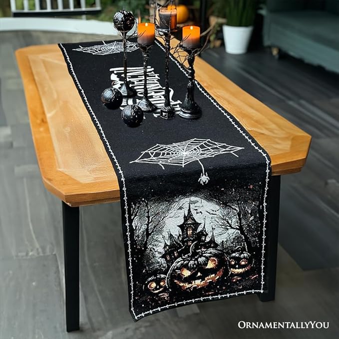 Timeless Table Runner with Elegant Designs for Every Occasion (Haunted Horrors 72" Table Runner, Jacquard Halloween Home Black Tablecloth Decoration with Pumpkins and Spiderwebs)