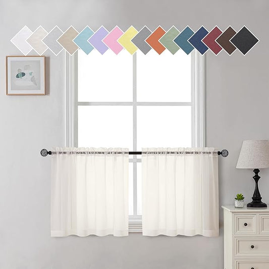Aiyufneg Ivory Sheer Valance for Window Curtains 24 Inch Length, Light Filtering Kitchen Valances, Small Voile Sheer Curtains for Living Room/Bathroom/Basement, Dual Rod Pocket, 2PCS, 40W x 24L Inch