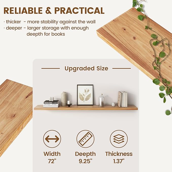 Rustic Elm Wood Floating Shelf for Wall, Flat Edge 72"W x 9.2"D x 1.4"H, 1 Pack with Invisible Bracket, Large Wall Mounted Storage Shelf for Living Room Bedroom Kitchen Bathroom Decor, Natural Finish