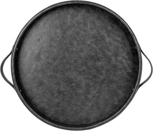 HofferRuffer Top Nocth PU Leather Round Serving Tray, Decorative Serving Tray with Handles, Coffee Tray, Ottoman Tray for Home Or Office, Diameter 14.6-inch (Dark Grey)
