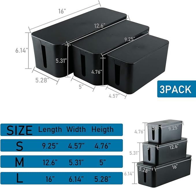 YaeCCC Cable Management Organizer Box Power Strips Hider Power Cords Hider for Desk, TV, Computer, USB Hub,Cords (Set of Three) Black