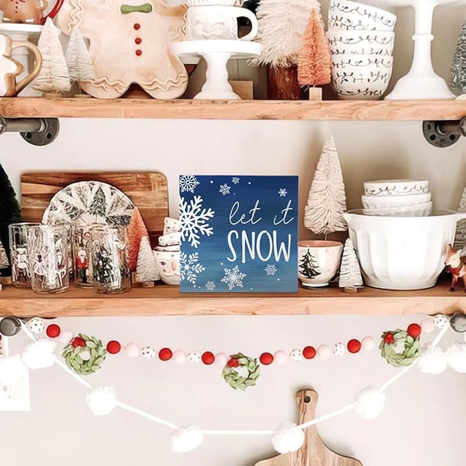 EIONEY Let it Snow Christmas Decorations Wood Box Sign,Rustic Farmhouse Winter Christmas Desk Decor,Seasonal Winter Holiday Decor for Home Bedroom Living Room Desk Shelf Table,5x5 Inch