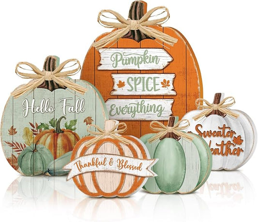 5 Pcs Fall Pumpkin Decor for Home Thanksgiving Novel Wooden Table Centerpiece Decorations Light Green Fall Wooden Pumpkin Signs for Autumn Farmhouse Kitchen Mantle Tabletop Supplies