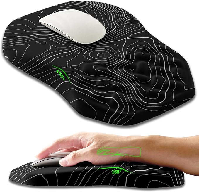 Ergonomic Slope Mouse Pad Wrist Support, Wrist Rest Mousepad for Carpal Tunnel Pain Relief with Massage Bulge and Slow Rebound Memory Foam (12x8 inch, Black Contour Lines)