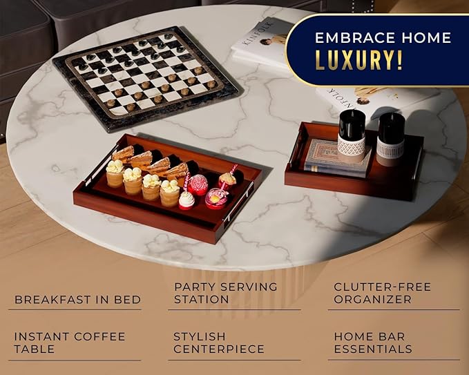 Set of 2 Decorative Serving Trays - Bamboo + Silver Stainless Steel Handles - Coffee Table or Ottoman Tray for Breakfast in Bed Jewelry, Decor Organization - 12"x17" - Stained Brown Finish