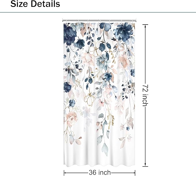 Small Stall Floral Shower Curtain RV Flower Blue Pink Watercolor Rustic Boho Eucalyptus Leaf Plant Half Bathroom Set Narrow Single Girl 36Wx72L Inch Bath Curtain Bathtub Accessories Home Decor