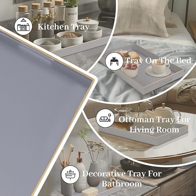 MAONAME Gray Serving Tray with Handles, Modern Grey Decorative Tray for Coffee Table, Plastic Rectangular Gray Trays for Ottoman, Bathroom, Decor, 15.8” x 10.2” x1.4