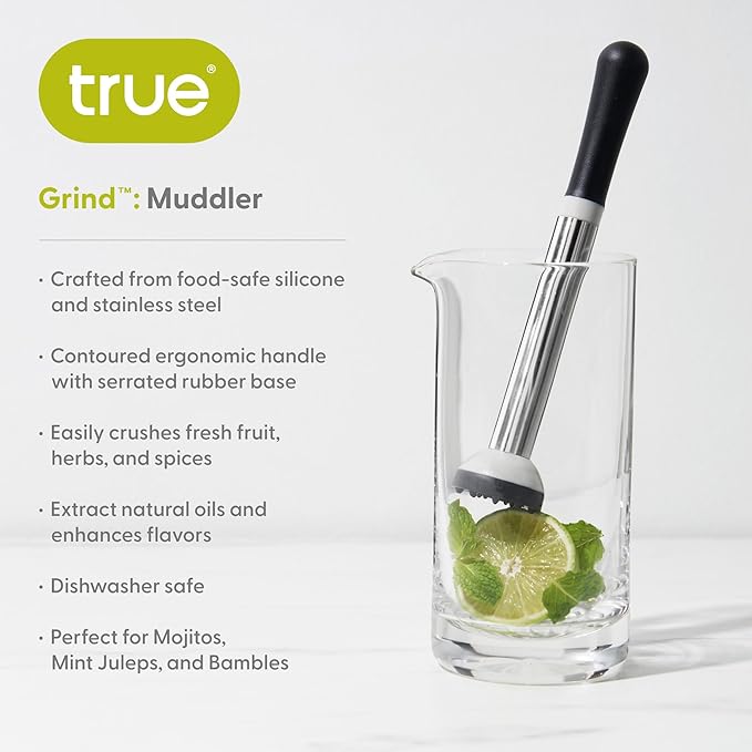 True Grind Muddler for Cocktails & Mixed Drinks, Fruits, Spices, Herbs, and Sugar Cubes Crusher, Home Bar Accessories, Bartender Tools, 8.5", Set of 1