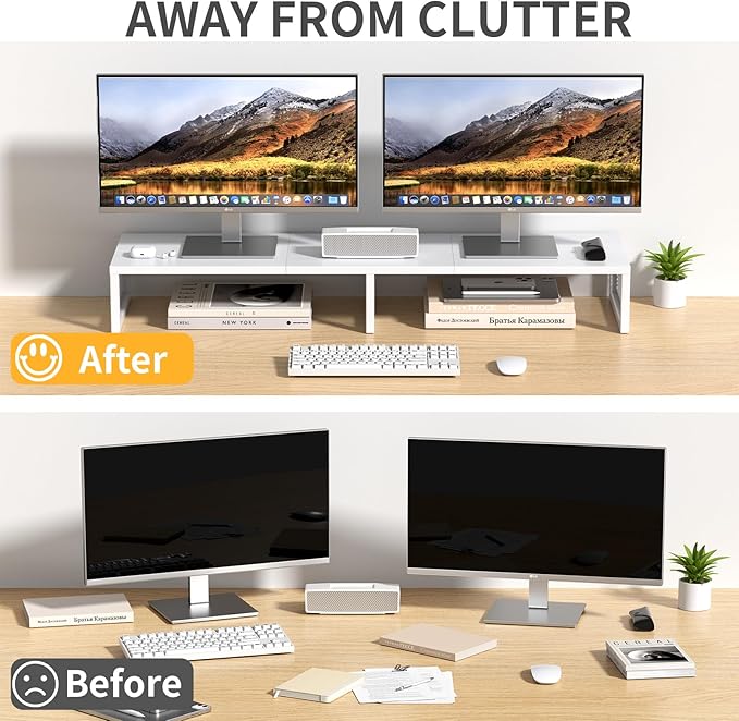 Dual Computer Monitor Stand Riser, Desk Organizers and Accessories, Printer & TV Stand, Desk Shelf, Office Desk Accessories & Desktop Workspace Organizer for Office Supplies, White