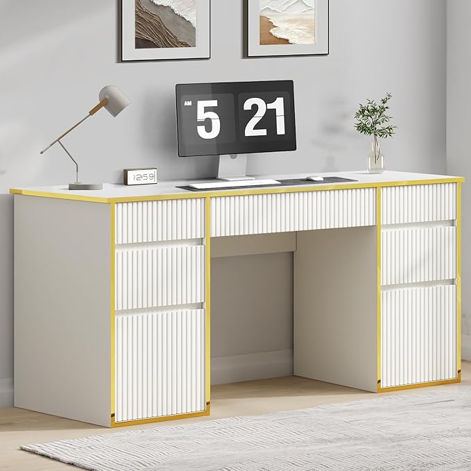 58 Inch White Desk with Drawers, Home Office Desk with 7 Drawers, Fluted Computer Desk with File Drawers for Study, White and Gold Executive Desk for Living Room, Bedroom