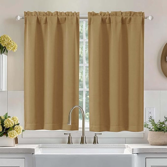 Aiyufeng Gold Short Blackout Curtains for Bedroom 45 Inches Long 2 Panels Set, Solid Thermal Insulated, Energy Saving Window Treatment Curtains Blackout Drapes, W40 x L45 Inch, Gold