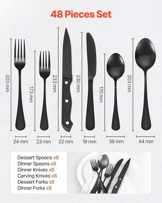 VEVOR 48-Piece Black Silverware Set with Steak Knives, Food-Grade Stainless Steel Flatware Utensils for 8, Mirror Finished Cutlery Set, Dishwasher Safe Eating Tableware for Kitchen Home, Service for 8