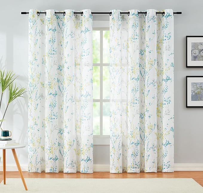 Branch Semi Sheers Curtains Living-Room 84inch Long Yellow Teal Watercolor Print Tree Curtain Drapes for Bedroom Linen Textured Look Privacy White Sheer Window Panels for Dining Grommet Top 2pcs