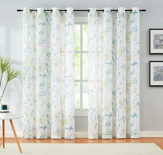 Treatmentex Branch Semi Sheer Curtains for Living Room Yellow White Print Curtains for Bedroom 95 inch Length Teal and Grey Watercolor Window Panels with Multicolor Design Grommet Top 2pcs