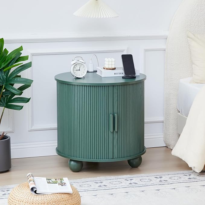 AVZEAR 24" Large Round End Table with Charging Station, Farmhouse Fluted Sofa Side Table with Sliding Tambour Door & Storage, Mid-Century Wood Nightstand for Living Room, Bedroom, Green