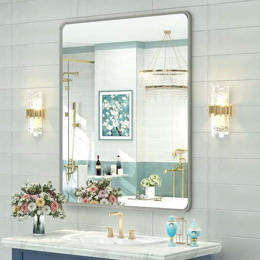 OKPAL 30 x 36 Brushed Nickel Bathroom Mirrors for Over Sink, Rounded Rectangle Bathroom Vanity Mirror, Brushed Silver Framed Farmhouse Mirror, HD Tempered Glass Wall Mirror(Horizontal/Vertical)