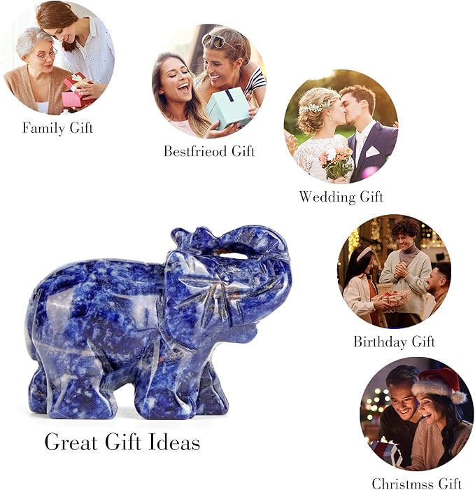 SMQ Sodalite Crystal Elephant Statue,Hand Carved Healing Crystal Gemstone Blue Elephant Animal Figurine Crafts Gifts Decor for Home Office Desk