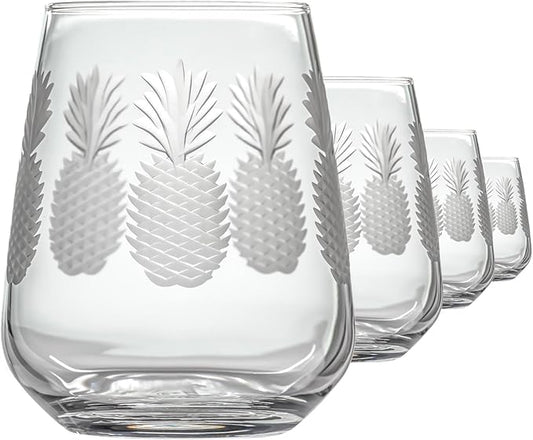 Rolf Glass Fresh Pineapple Stemless Wine Glass | 15.75oz Stemless Tumblers | Lead-Free and Diamond-Wheel Engraved | Tropical Coastal Etched Glassware with Pineapple Design | Set of 4