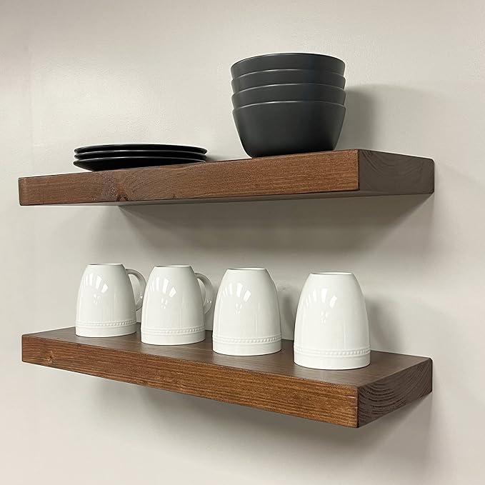 URBANDI, Rustic Floating Shelves, Set of 2, Hidden Bracket, Solid Wood, Heavy Duty, Wall Mounted Shelves, (Provincial, 60Wx6D)