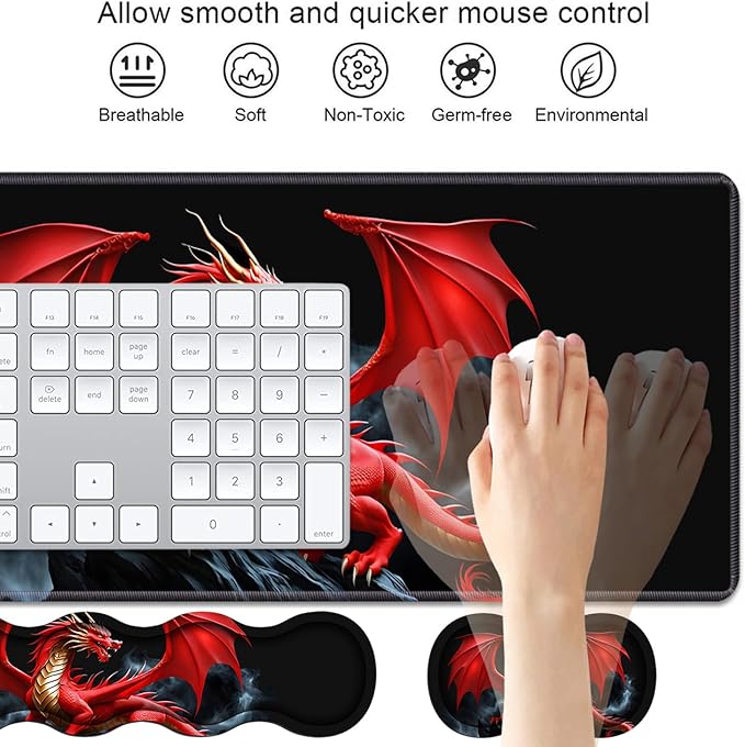 4 in 1 Ergonomic Keyboard Wrist Rest & Mouse Pad Wrist Rest Set, Large XXL Gaming Desk Mat 31.5"x 11.8" with Non-Slip Base, Memory Foam for Home Office Study Gaming, Red Dragon