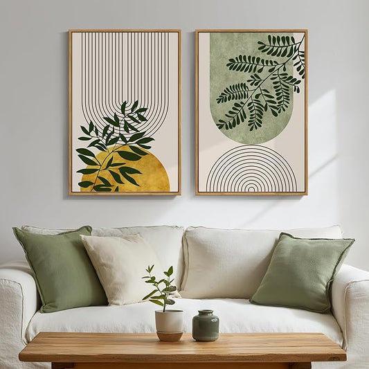 Framed Green Boho Wall Art for Room Decor, Set of 2 Botanical Geometric Artwork for Bedroom Walls, Bohemian Modern Neutral Canvas Paintings Prints for Living Room Office Kitchen Wall Decor, 16x24 Inch