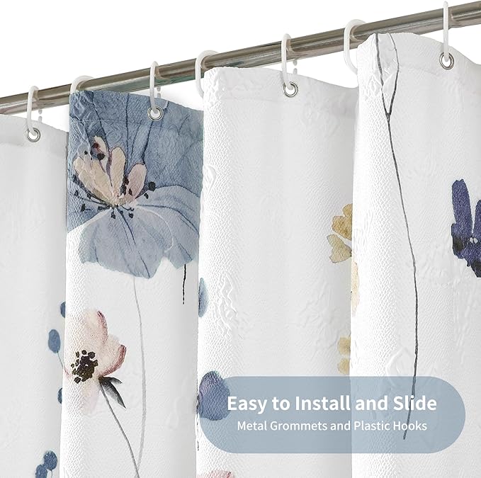 QiyI Long Shower Curtain 72 x 78, Watercolor Floral Bath Curtain, 3D Embossed Butterflies Grey Flower Cloth Bathroom Decor, Waterproof Fabric Rustic Farmhouse Textured Shower Set with Hooks