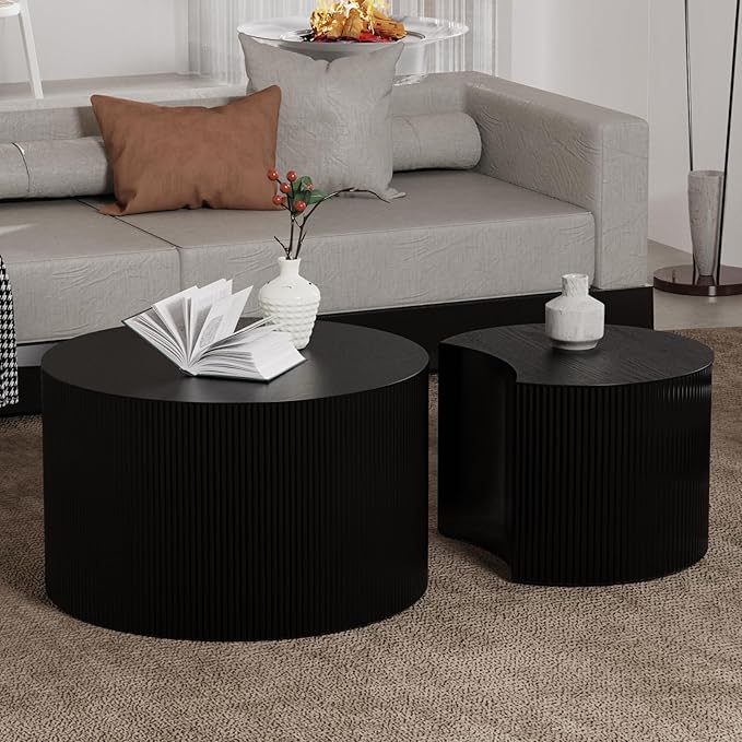 Nesting Coffee Table Set of 2 Modern Round Coffee Table with Non-Slip Feet Wood Drum Circle Accent Tables End Table Set for Living Room Bedroom Office (Black Crescent Set)