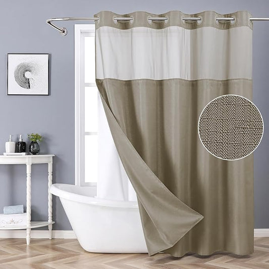 Extra Long No Hook Shower Curtain with Snap-in Fabric Liner Set,Slub Textured Fabric Shower Curtains for bathroom,Hotel Style Modern Shower Curtain,Water Repellent,Washable,71x86(84),Tan/Khaki