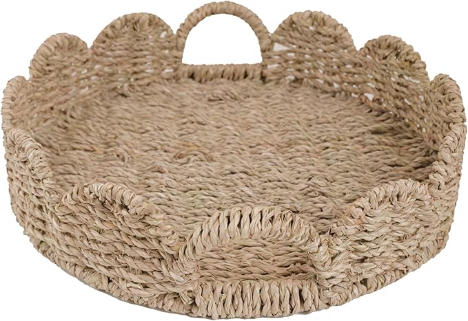GYASVWU Seagrass Scalloped Tray with Handles,Round Rattan Serving Trays for Coffee Table,Woven Tray for Ottoman Decorative and Organizer Trays (Seagrass)